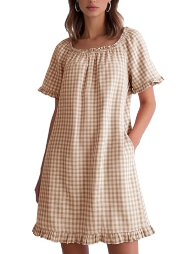 Flygo Womens Gingham Nightgown Cotton Pullover House Dress with Pockets - color: Brown, size: Large