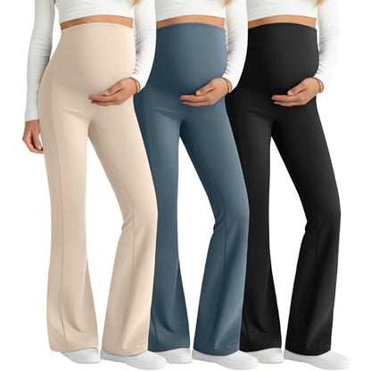 3 Pack Maternity Over The Belly Flared Leggings Pants - color: Apricot, Haze Blue, Black, size: Small