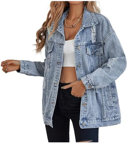LifeShe Women's oversized Jean Jacket distressed denim Coat with Pockets - color: Light Blue, size: XX-Large