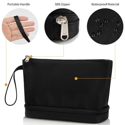Small Makeup Bag 2 Layers Travel Cosmetic Bag with Makeup Brush Compartment - color: 02-nylon black