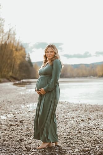 OUGES Women's Wrap Pregnancy Maxi V Neck Fall Baby Shower Maternity Dress - color: Gray Green, size: Medium
