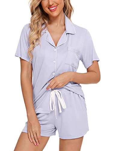 Samring Womens Pajamas Set Short Sleeve Button Down Sleepwear 2 Piece Pjs - color: Lilac, size: Large