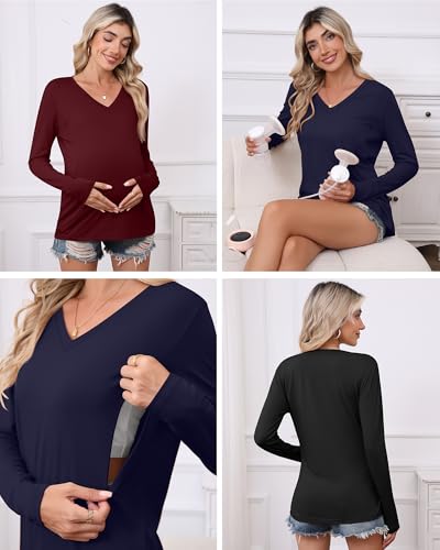 Huukeay 3 Pack Maternity Nursing Tops Breastfeeding Shirts - color: Black, Navy Blue, Wine Red, size: X-Large