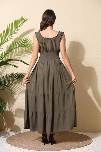 Women's 2026 Summer Boho Floral Print Tiered Casual Flowy Long Maxi Dress - color: Army Green, size: Medium