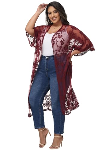Anna-Kaci Women's Plus Size Lace Cardigan Embroidered Long Kimono Dusters with Half Sleeves - color: Burgundy, size: 3X-Large-4X-Large