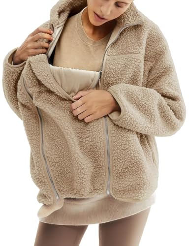 Maternity Coat Winter Mom Cozy Thicken Coats Fleece Sherpa Jacket - color: Khaki, size: Large