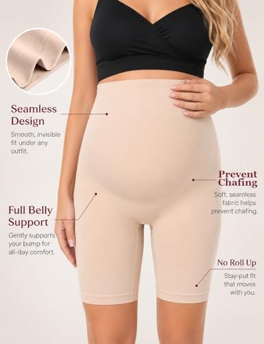 HOFISH Seamless Over-the-Bump Maternity Shapewear, High-Waisted Support - color: No Roll Up：black & Beige, size: Medium