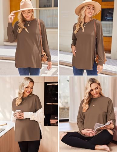 Ekouaer 3 Packs Maternity Shirts Split Side Pregnancy Workout Tops - color: 3pcs- Black + Brown + Khaki, size: Medium