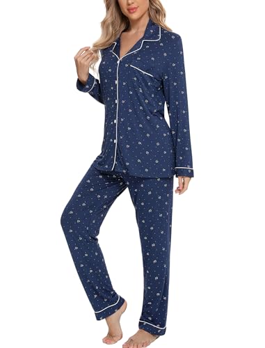 Leikar Button Up Pajamas For Women Long Sleeve Viscose Soft Pjs Lounge - color: Blue White Heart, size: XX-Large
