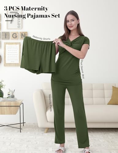 3-Piece Maternity Nursing Pajamas Set for Pregnancy & Postpartum - color: Army Green, size: XX-Large