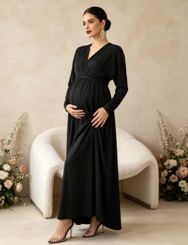 Maternity Long Sleeve V Neck Maxi Dress Tie Waist Flowy Maxi Gown - color: Black, size: Small