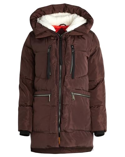 Steve Madden Womens Winter Jacket, Midlength Puffer Parka Coat, Sherpa Hood - color: Brown, size: X-Large
