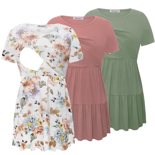 Bearsland Short Sleeve Nursing Top - color: Grayish Green & Rose Pink & Brown Flowers, size: Small