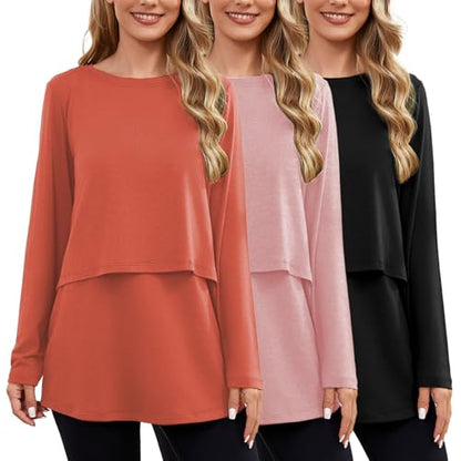 Ecavus Women's 3Pack Maternity Nursing Shirts Long Sleeve Double Layer Breastfeeding Shirts Comfy Pregnancy Clothes - color: Pink+caramel+black, size: Medium