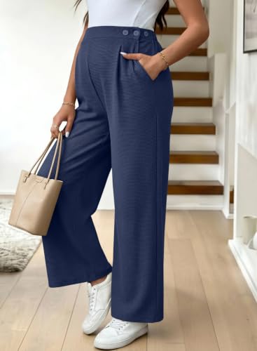 BLENCOT Maternity Pants Work Waffle Knit Wide Leg Pregnancy Trousers - color: Navy Blue, size: Medium