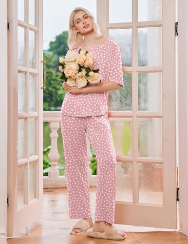 Ekouaer 2 Pack Womens Pajamas Sets Short Sleeve Long Pants Pjs Lounge Set - color: Pink Dots/Black Striped, size: Large