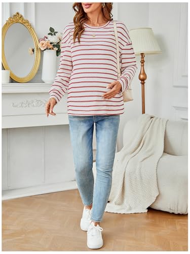 RoseSeek Women's Long Sleeve Crew Neck Maternity Sweatshirt Pullover Tops - color: Red and White, size: Large