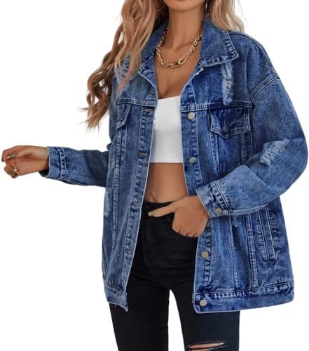 LifeShe Women's oversized Jean Jacket distressed denim Coat with Pockets - color: Deep Blue, size: X-Large
