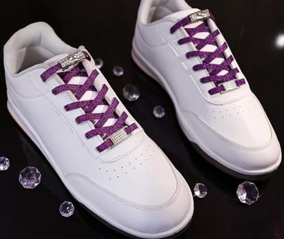 Elastic No Tie Shoe Laces with Bling Diamond Locks & Charms for Women's Sneakers - color: 09 Glitter Purple- Silver