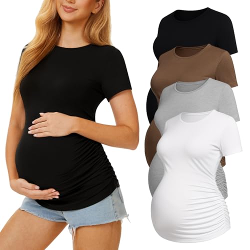 4 Pack Womens Maternity Shirts, Crew Neck Maternity Top Short Sleeve - color: Black/White/Light Grey/Brown, size: Medium