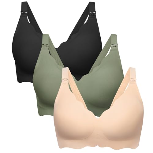 Angelhood Nursing Bras for Breastfeeding 3 Pack Seamless Maternity Bra - color: Black/Nude/Green, size: Small
