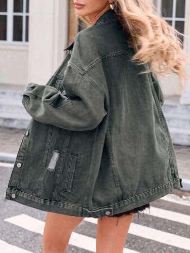 LifeShe Women's oversized Jean Jacket distressed denim Coat with Pockets - color: Green, size: Small