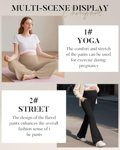 3 Pack Women's Maternity Pants Comfy Flare Trousers - color: Black, Brown, Khaki, size: XX-Large