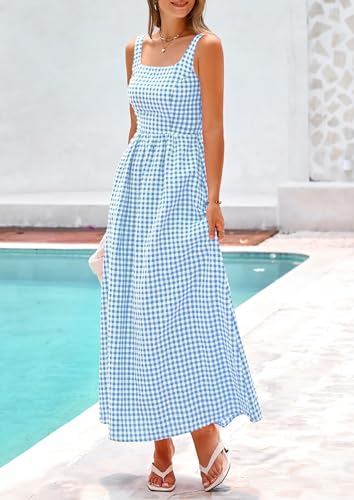 PRETTYGARDEN Women's Summer Gingham Maxi Long Dress - color: Dusty Blue, size: Small