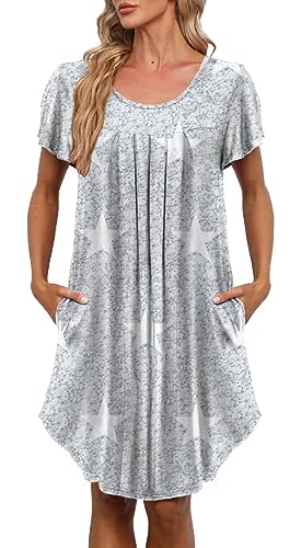Womens Pleated Front Loose Fit Short Sleeve Nightgowns Sleep Dress - color: A Star, size: Medium