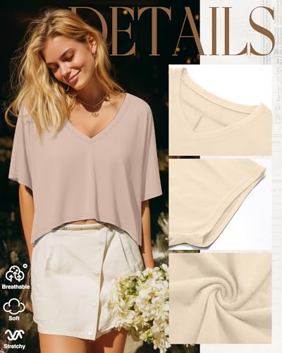 Huukeay 3 Pack Women's Oversized V Neck T Shirts - color: Apricot, Light Heather Gray, White, size: Medium