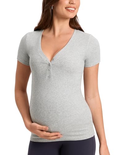 MOMANDA Cotton Ribbed Henley Maternity Tshirts - color: Classic Heather, size: Medium