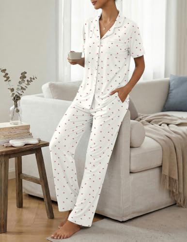 Womens Pajamas Sets 2 Piece Button Up Pj Sets Short Sleeve with Long Pant - color: Apricot Cherry, size: X-Large