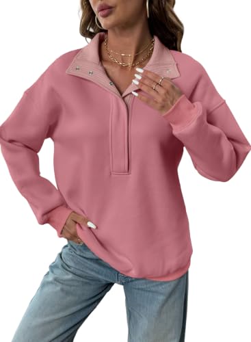 BLENCOT Women Mock Neck Sweatshirt Oversized Long Sleeve Henley Shirts - color: Peach Blossom, size: Large