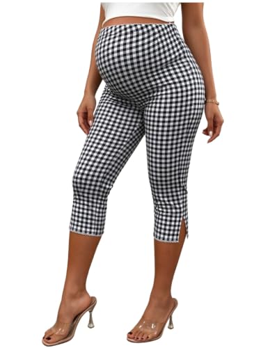 MakeMeChic Women's Maternity Plaid Capri Pants Split Hem Capri Leggings - color: Black and White, size: Large