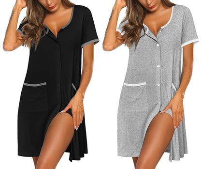 Ekouaer 2 Pack Nightgowns for Women Button Down Houese Dress with Pockets - color: Black/Light Grey, size: Small