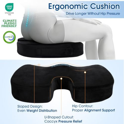 CloudBliss Ergonomic Seat Cushion & Lumbar Support Pillow Set, Black, XL - color: Black, size: X-Large