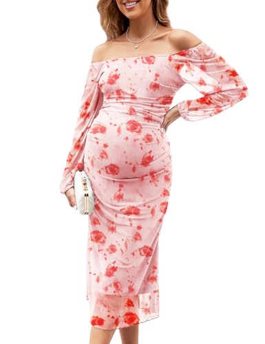 CYCLAMEN Mesh Maternity Dress Cocktail Wedding Guest Baby Shower Pregnancy Shoot Summer Pastel Floral Sparkly - color: Pink Rose Floral, size: Large