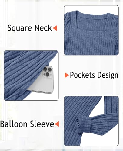 CzzzyL Womens Nursing Fall Dresses Square Neck Knit Sweater with Pockets - color: Blue, size: Medium