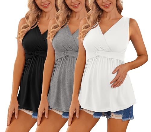 Ekouaer 3 Packs Maternity Tank Tops Sleeveless V Neck Nursing Tops - color: Black / Grey / White(3pcs), size: Small