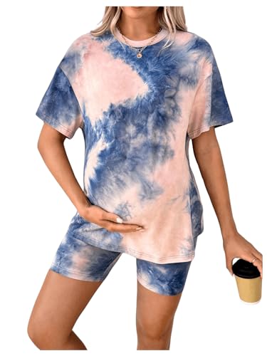 MakeMeChic Women's Maternity 2 Piece Outfit Tee Shirt and Biker Shorts - color: Multi, size: Large