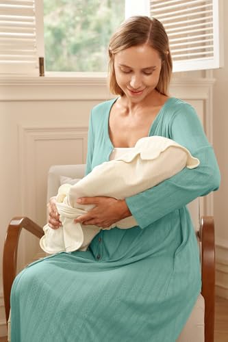OUGES Cotton Blend Maternity Pajamas Nightgown Button Down Nursing Gown Labor Delivery Breastfeeding Dress with Pockets - color: Green, size: Small