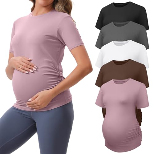 Women's Maternity Shirts Sleeve Casual Crew Neck Undershirts Athletic Moisture Wicking Side Ruched - size: Small