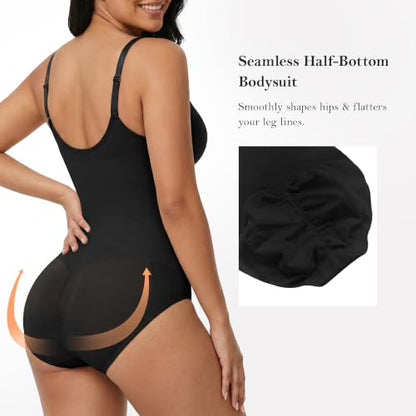YIANNA Women's Shapewear Bodysuit Double Tummy Control Seamless Zip-Up - color: Black, size: Small-Medium