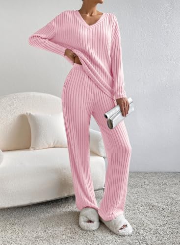 SHEWIN Women's Pajama Sets Ribbed Knit 2 Piece Lounge Sets - color: B Hot Pink, size: X-Large