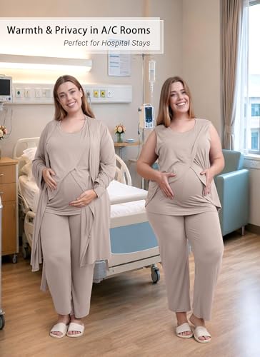 Rnxrbb 4 PCS All-Season Nursing Pajamas Robe Set Maternity Postpartum Pjs - color: Beige, size: Medium