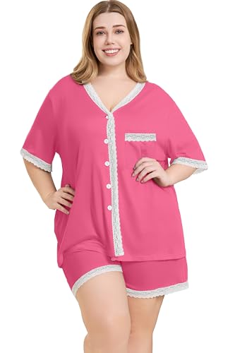 Plus Size Women Pajama Sets Button Down Lace Trim 2pcs Nightwear - color: Rose, size: 4X-Large