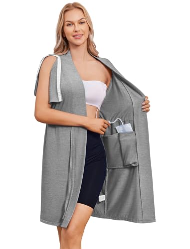 Deyeek Women's Post Surgery Mastectomy Robe with 4 Internal Drain Pockets Short Sleeve Adaptive Nightgowns Pajama Dress Shirt - color: Grey, size: Small