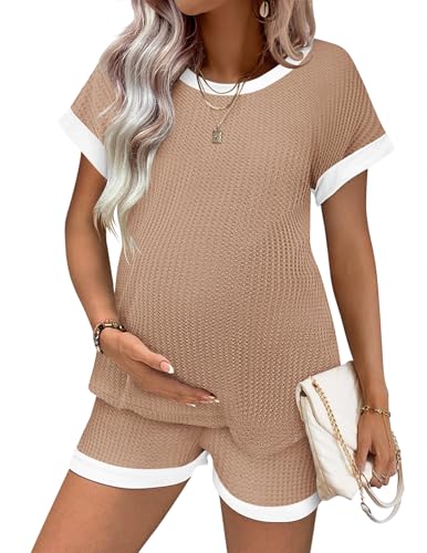 Ekouaer Maternity Pajamas 2 Piece Outfits Waffle Knit Pregnancy Sleepwear - color: Light Khaki, size: Medium