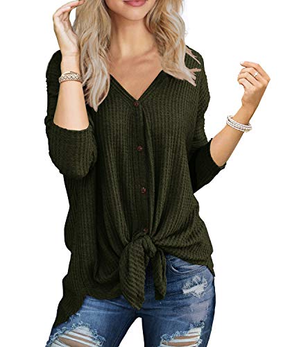 IWOLLENCE Womens Button Down Henley Long Sleeve Blouse - color: Army Green, size: X-Large