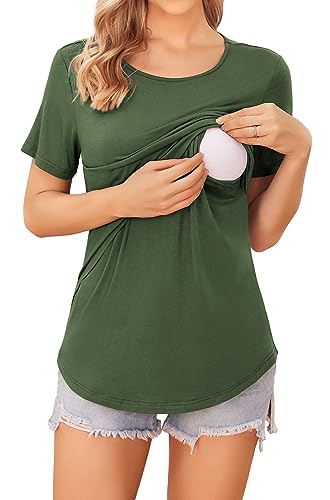 3 Pack Women Nursing Tops Short Sleeve Breastfeeding Shirts Maternity Tees - color: 3pcs- Black + Army Green + Red, size: Medium